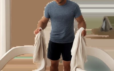Une scène premium illustrant un rituel de bain de contraste à domicile, pensée pour la récupération et la régularité. L’ambiance doit évoquer la maîtrise thermique, la sobriété et le confort haut de gamme.