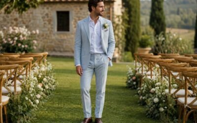 Un homme élégant en costume bleu clair se tient debout dans l'allée d'un mariage champêtre, entouré de chaises en bois et de fleurs blanches.