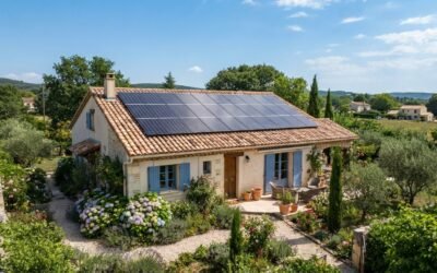 Toit de maison individuelle française avec panneaux solaires photovoltaïques, ciel dégagé, jardin
